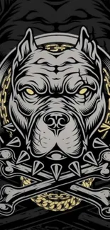 Bold pitbull with skull and chain elements in gray tones.