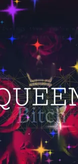 Bold Queen-themed wallpaper with roses and stars.