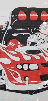 Illustrated racing car with red flames in dynamic wallpaper.