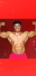 Bodybuilder flexing on a vivid red background.