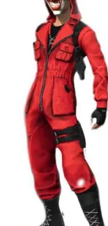 A vibrant figure in a red hoodie on a white background.