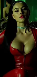 Bold woman in red leather outfit in a luxurious setting.