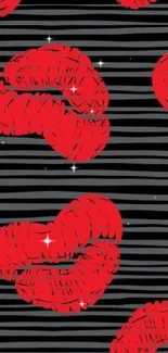 Red lips pattern on black striped wallpaper for phones.