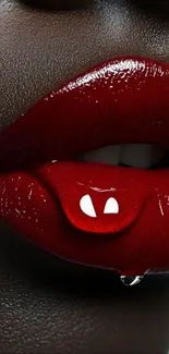 Close-up of vibrant red glossy lips with unique tongue art.