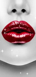 Stylish wallpaper featuring bold red lips on a monochromatic face.