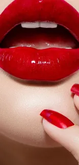 Mobile wallpaper with bold red lips and glossy finish.