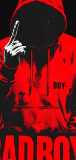 Mysterious figure in a bold red hoodie with edgy design and dark background.