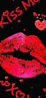 Red lips and hearts wallpaper with "Kiss Me" text.