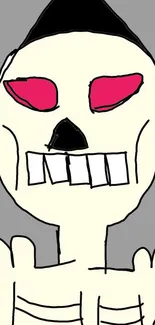 Skeleton art wallpaper with pink eyes on a grey background.