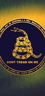 Yellow and black 'Don't Tread on Me' snake wallpaper with bold emblem.