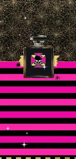 Artistic perfume bottle on striped background in black, pink, and gold tones.