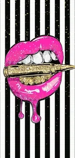 Pink lips with a bullet on black and white stripes wallpaper.