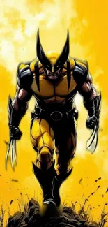 Vibrant superhero with yellow and black suit against bold yellow background.