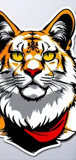 Cartoon tiger with vibrant orange and red details on a mobile wallpaper.