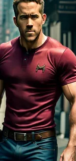 Confident man in burgundy shirt stands boldly in an urban setting, exuding style.