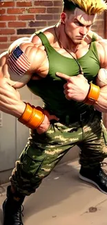 Muscular warrior art with green tank and camouflage pants against a urban wall.