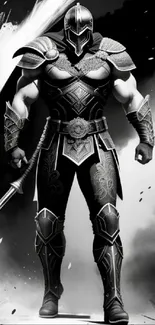 Monochrome warrior knight in detailed armor artwork.