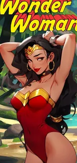 Wonder Woman in vibrant comic art wallpaper with red suit.