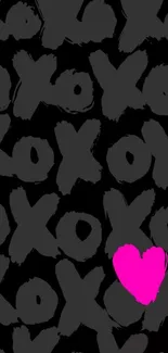 Black wallpaper with pink heart and XOXO pattern.