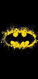 Bold yellow Batman logo on black background, artistic style.