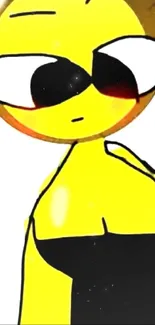 Yellow cartoon character with black outfit on white background.