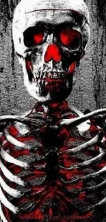 Eerie skull with red accents on a dark wallpaper.