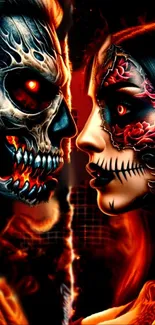 Fiery skull art with glowing faces on a dark background.