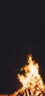 Bonfire with wood burning under a starry night sky.