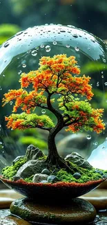 Beautiful bonsai tree inside a glass terrarium with vibrant colors.