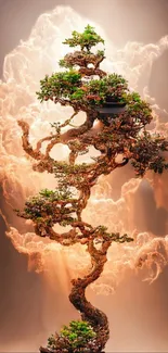 Intricate bonsai tree with warm brown tones and artistic lighting.