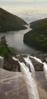 Surreal book transforming into a waterfall with nature elements.