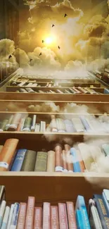 Books leading into clouds with a glowing sky and birds flying overhead.