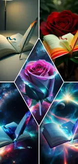 Fantasy art wallpaper with books and cosmic roses.