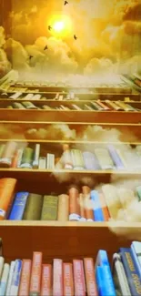 Dreamy bookshelf leading into a vibrant sunset sky with clouds and birds.