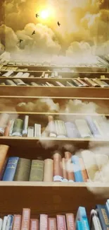 Bookshelf merging into a cloudy sky with sunlight.