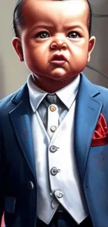 Baby in a suit with city background, exuding urban style and charisma.