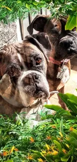 Boxer dogs surrounded by jungle plants and green leaves.