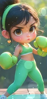 Cute cartoon girl in boxing gloves and green outfit.