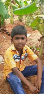 Young boy seated among banana plants.