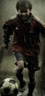 A young soccer player running in rain with a football.