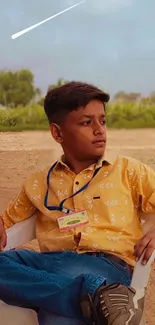 Young boy in yellow shirt relaxing outdoors in a rural landscape.