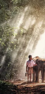 Boy and elephant in a sunlit forest path creating a serene atmosphere.