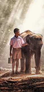 Young boy stands with elephant under sunlit trees in the forest.