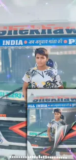 Boy standing in front of a colorful truck.