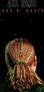 Back view of braided hair with band text on black background.