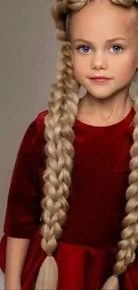 Portrait of a young child with braided hair and a red dress.