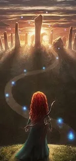 A female archer gazes at a magical sunset path with glowing orbs.