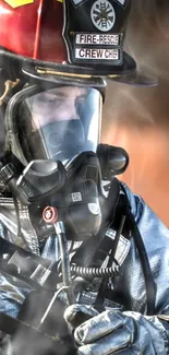 Firefighter in protective gear with smoke.