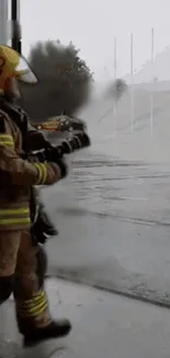 Firefighter in gear bravely fights fire.