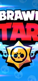 Brawl Stars logo with blue background and vibrant colors.